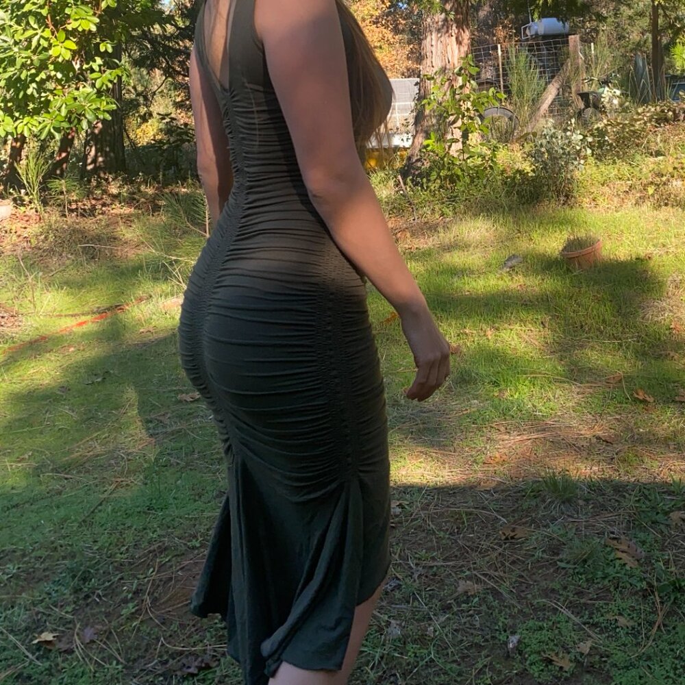 Fairy core / boho Ruched Olive Green Dress (Hati Hati Leom Designs Dress) - Picture 3 of 6